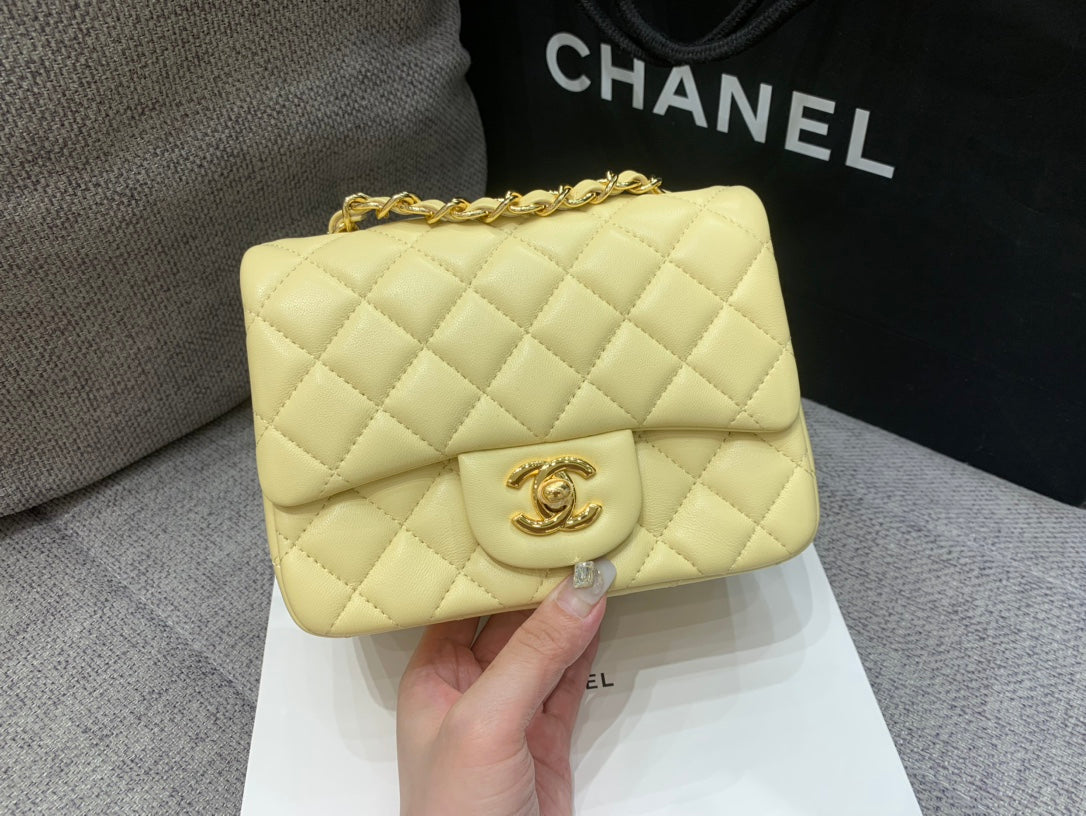 CHANEL MINI SQUARE FLAP BAG 17CM YELLOW LAMBSKIN GOLD HARDWARE