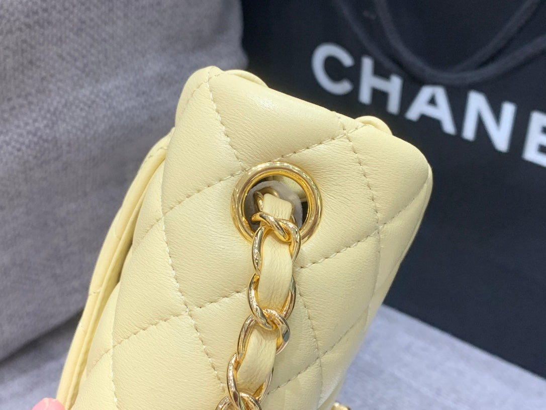 CHANEL MINI SQUARE FLAP BAG 17CM YELLOW LAMBSKIN GOLD HARDWARE
