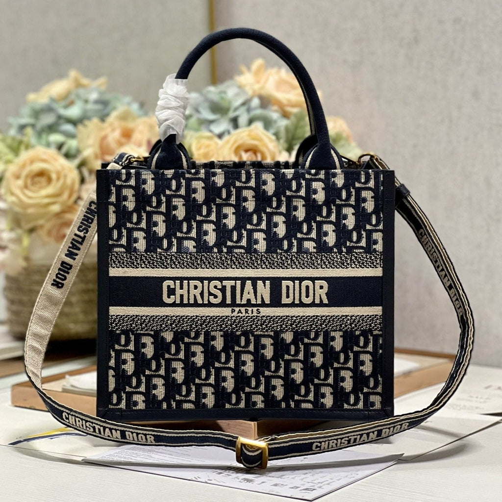 DIOR CD SMALL BOOK TOTE 26 BLUE OBLIQUE EMBROIDERY