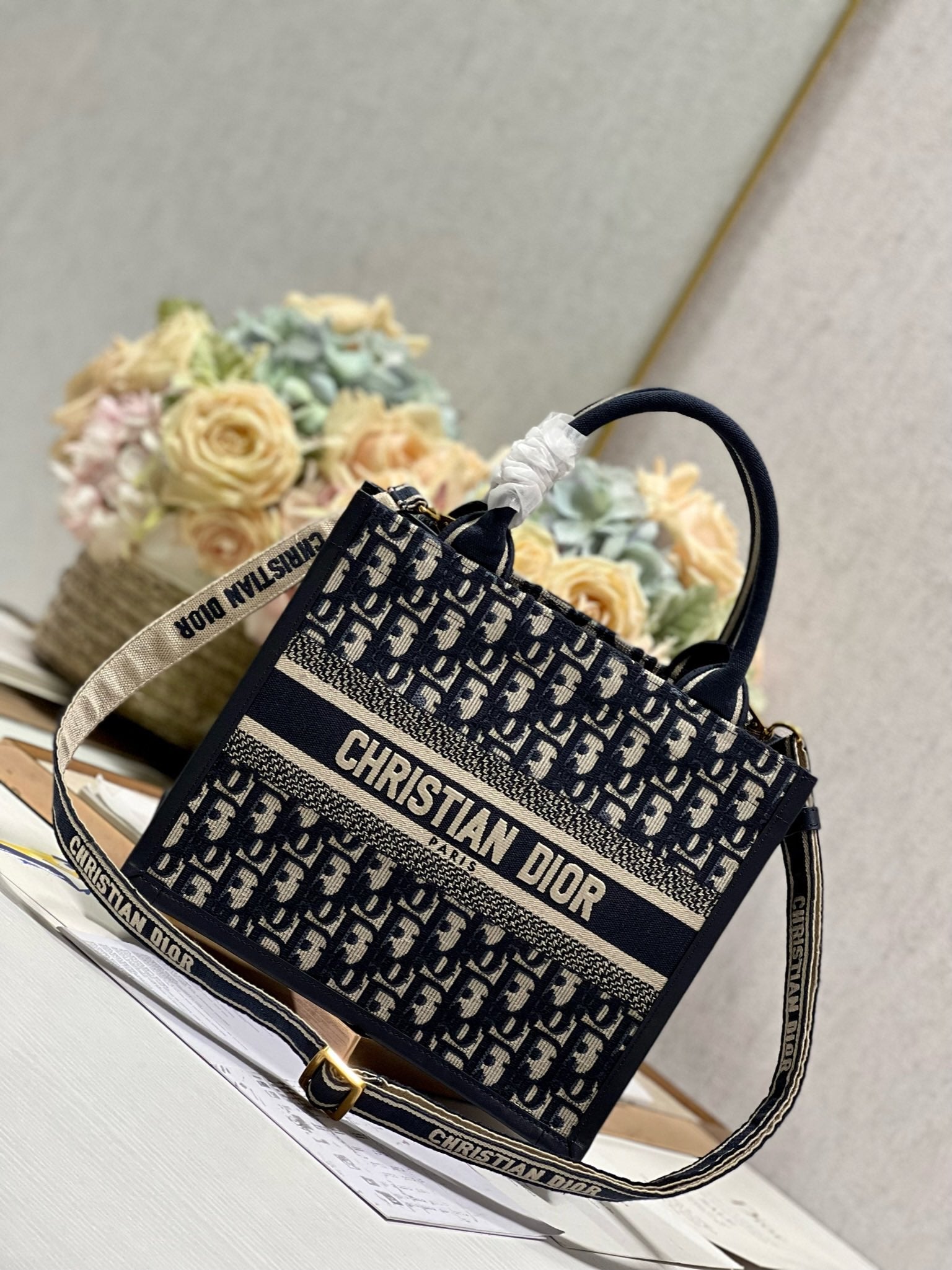 DIOR CD SMALL BOOK TOTE 26 BLUE OBLIQUE EMBROIDERY