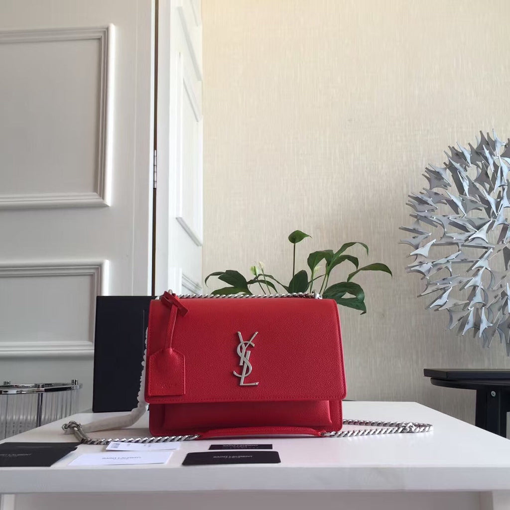 SAINT LAURENT SUNSET 22 HANDBAG IN CHERRY RED CALFSKIN