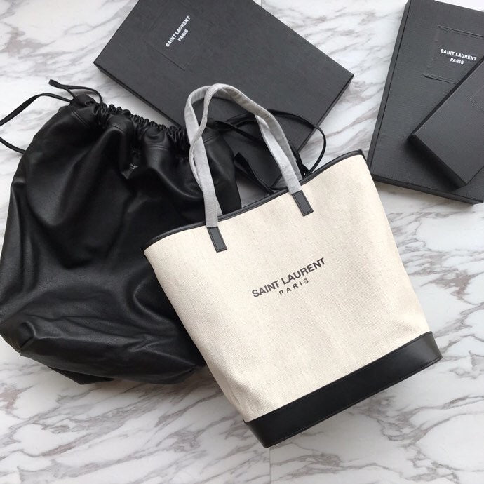 SAINT LAURENT TEDDY 33 HANDBAG WHITE BLACK LINEN FABRIC
