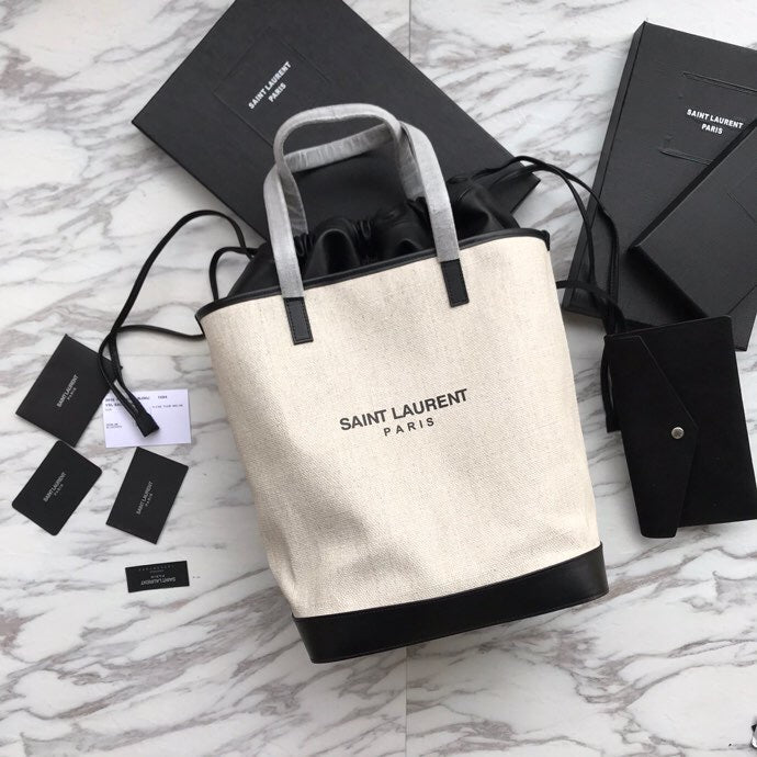 SAINT LAURENT TEDDY 33 HANDBAG WHITE BLACK LINEN FABRIC