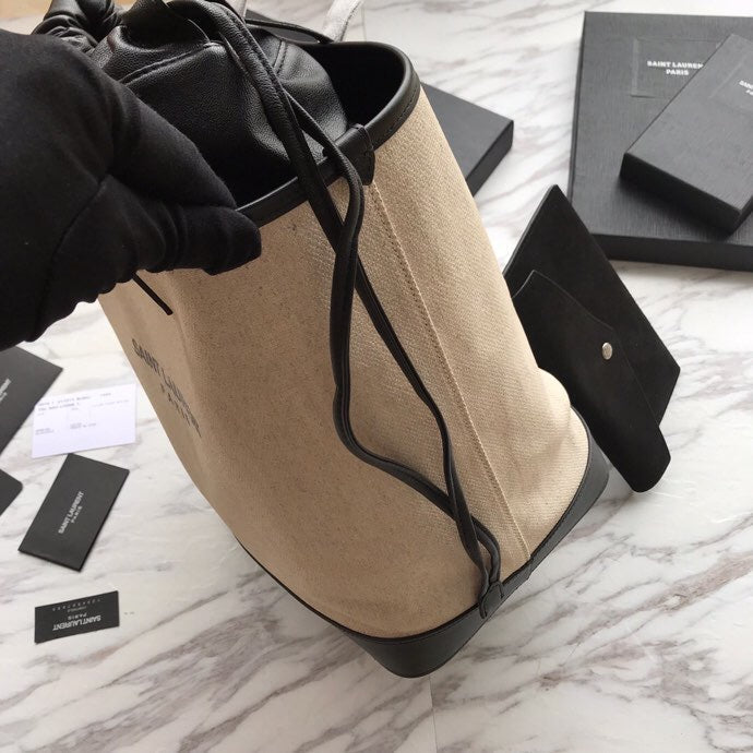 SAINT LAURENT TEDDY 33 HANDBAG WHITE BLACK LINEN FABRIC