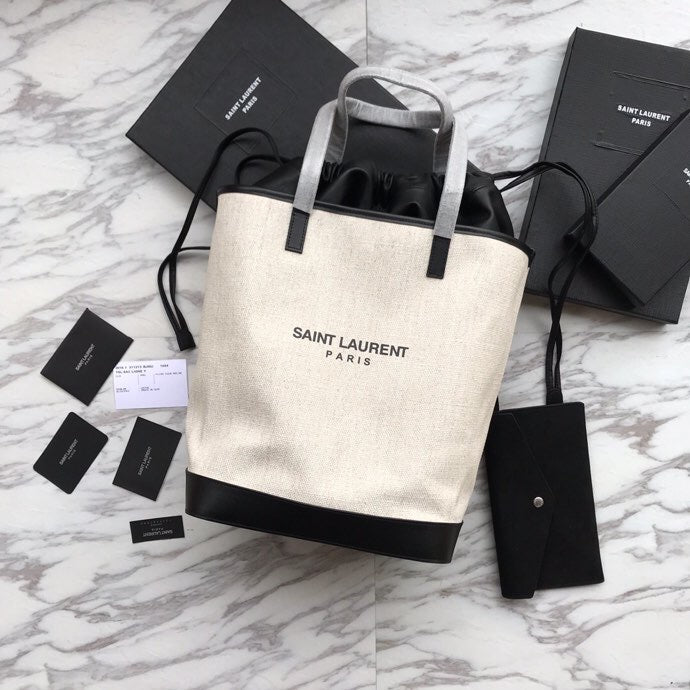 SAINT LAURENT TEDDY 33 HANDBAG WHITE BLACK LINEN FABRIC