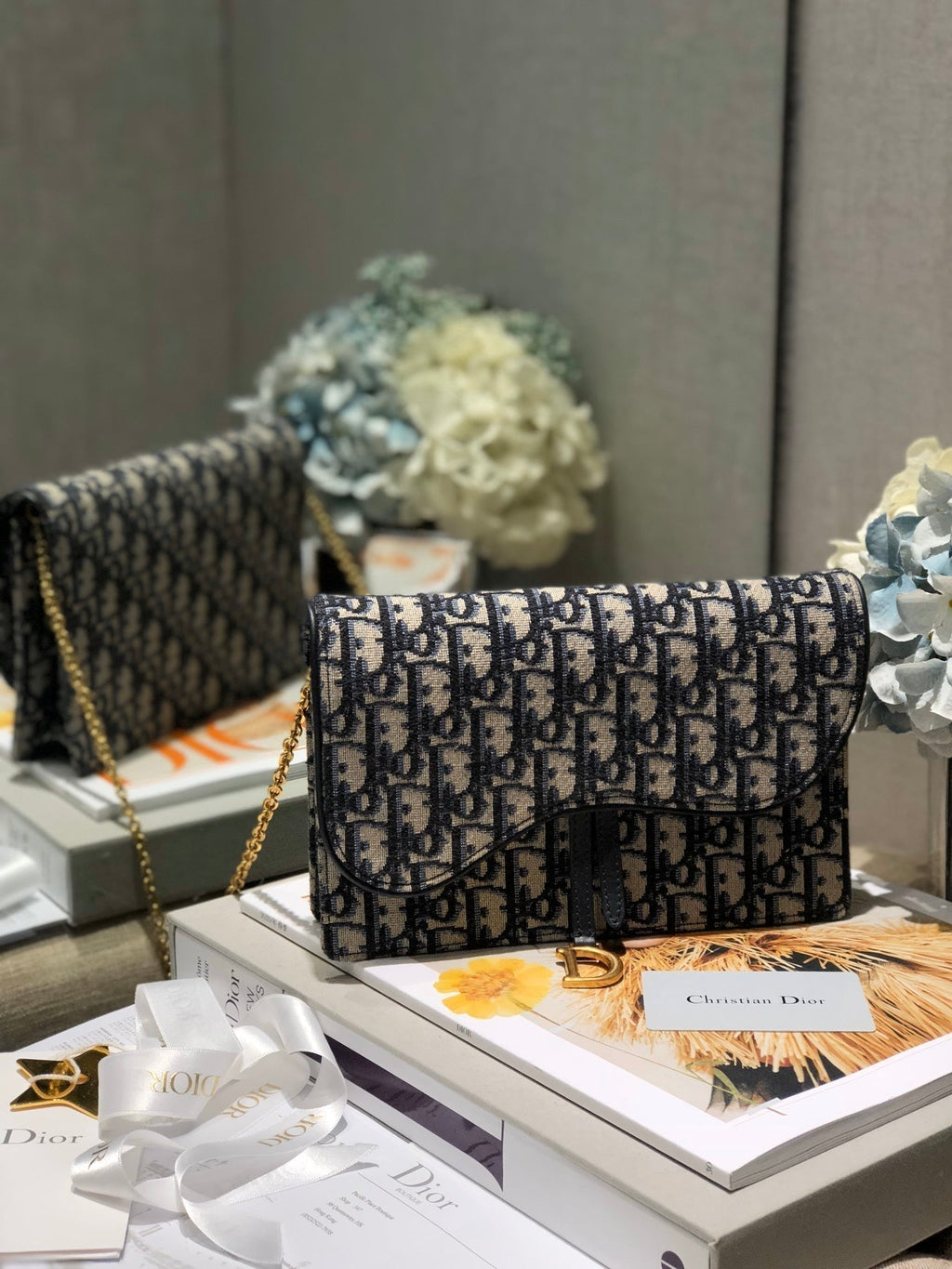 DIOR CD Saddle Pouch With Chain Blue Obique Embroidery