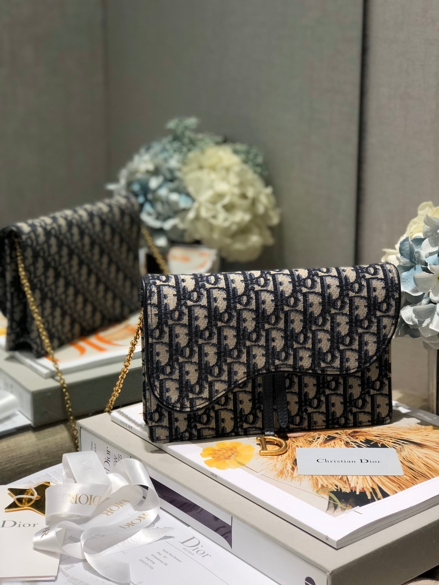 DIOR CD Saddle Pouch With Chain Blue Obique Embroidery