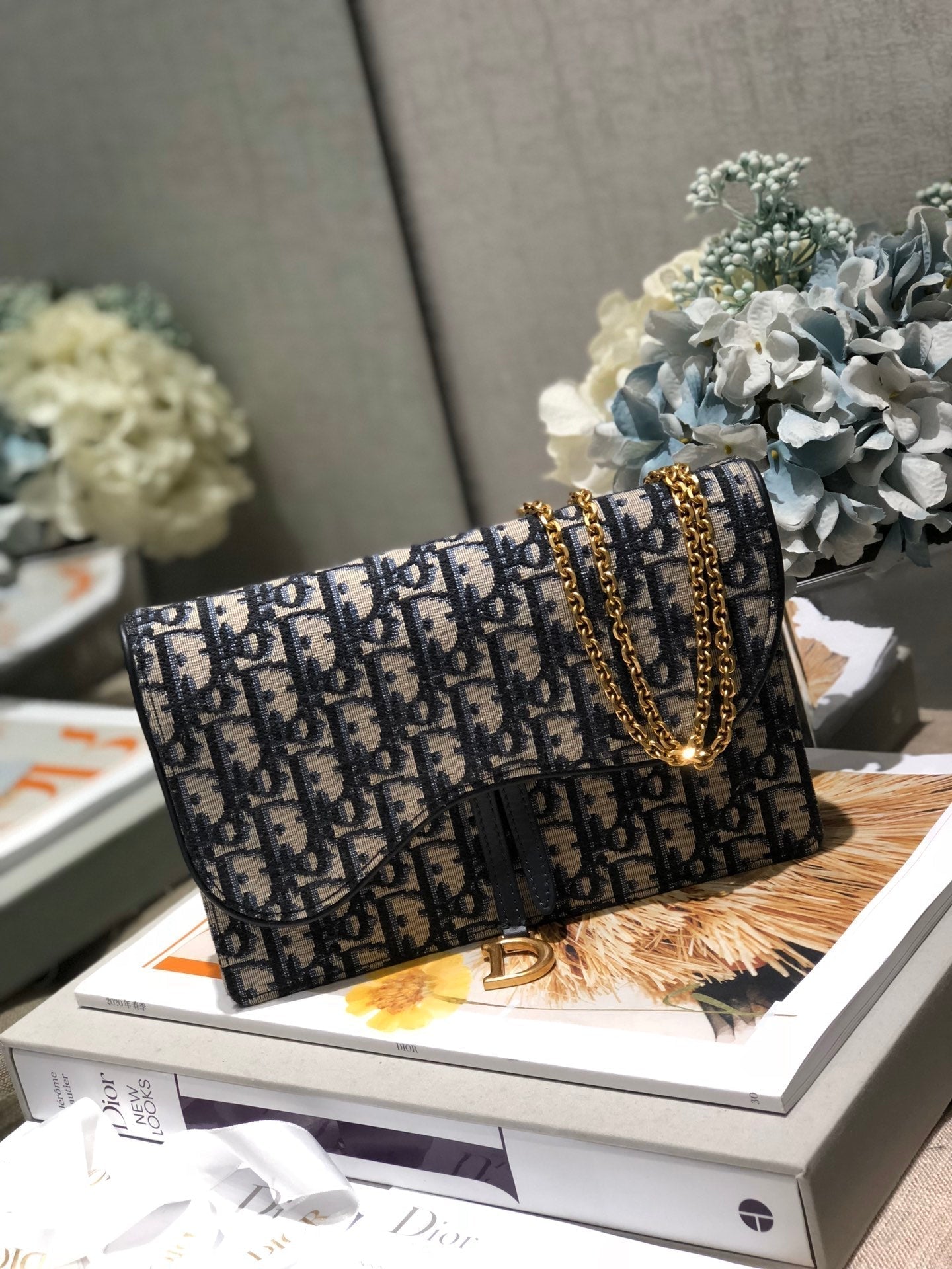 DIOR CD Saddle Pouch With Chain Blue Obique Embroidery