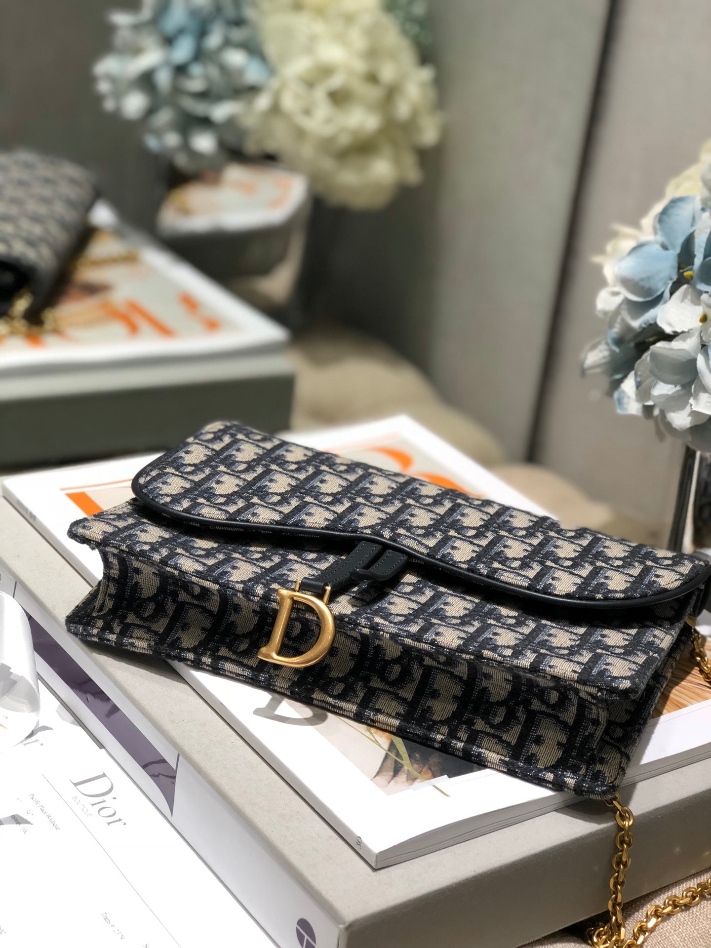 DIOR CD Saddle Pouch With Chain Blue Obique Embroidery