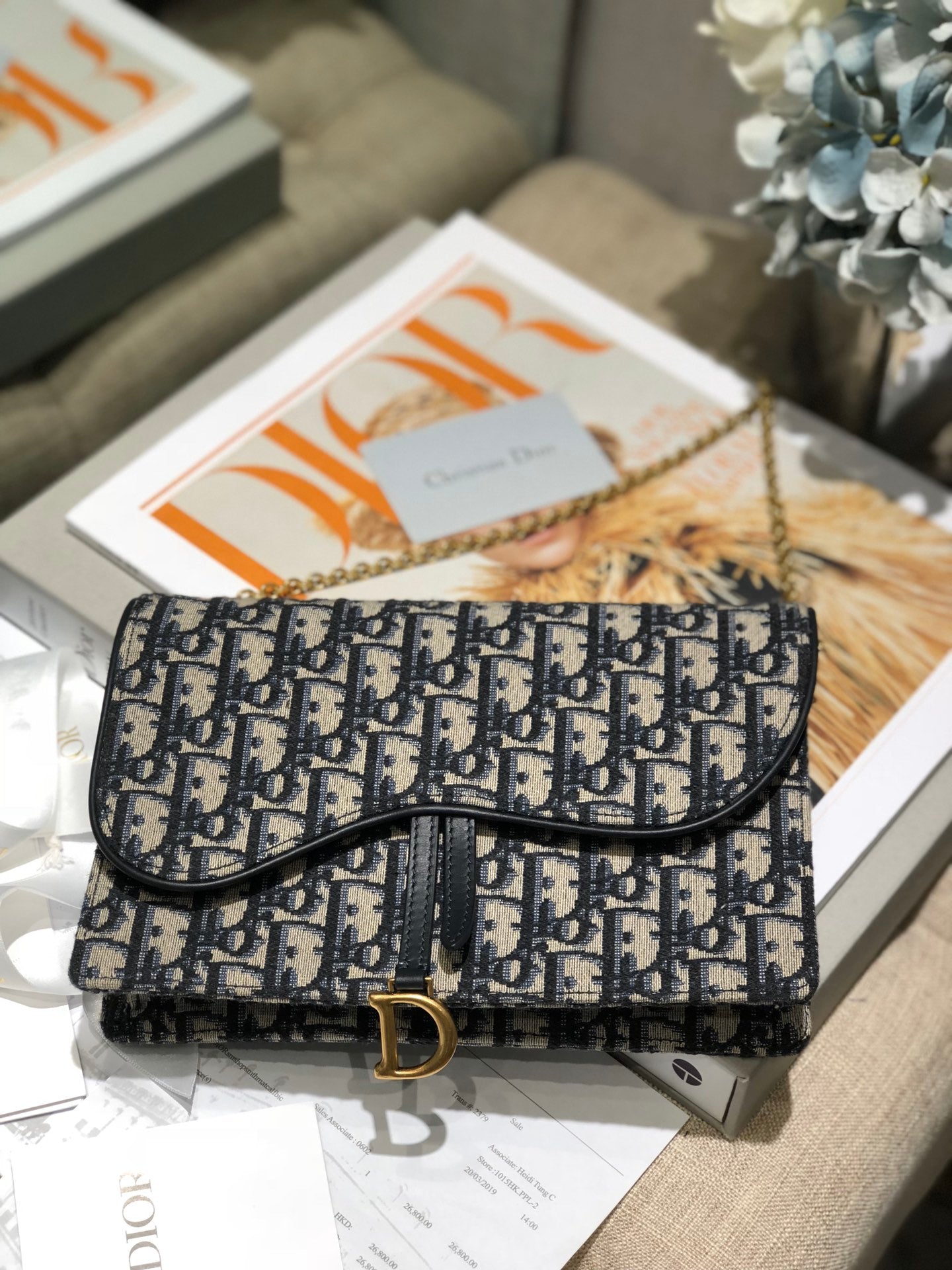 DIOR CD Saddle Pouch With Chain Blue Obique Embroidery