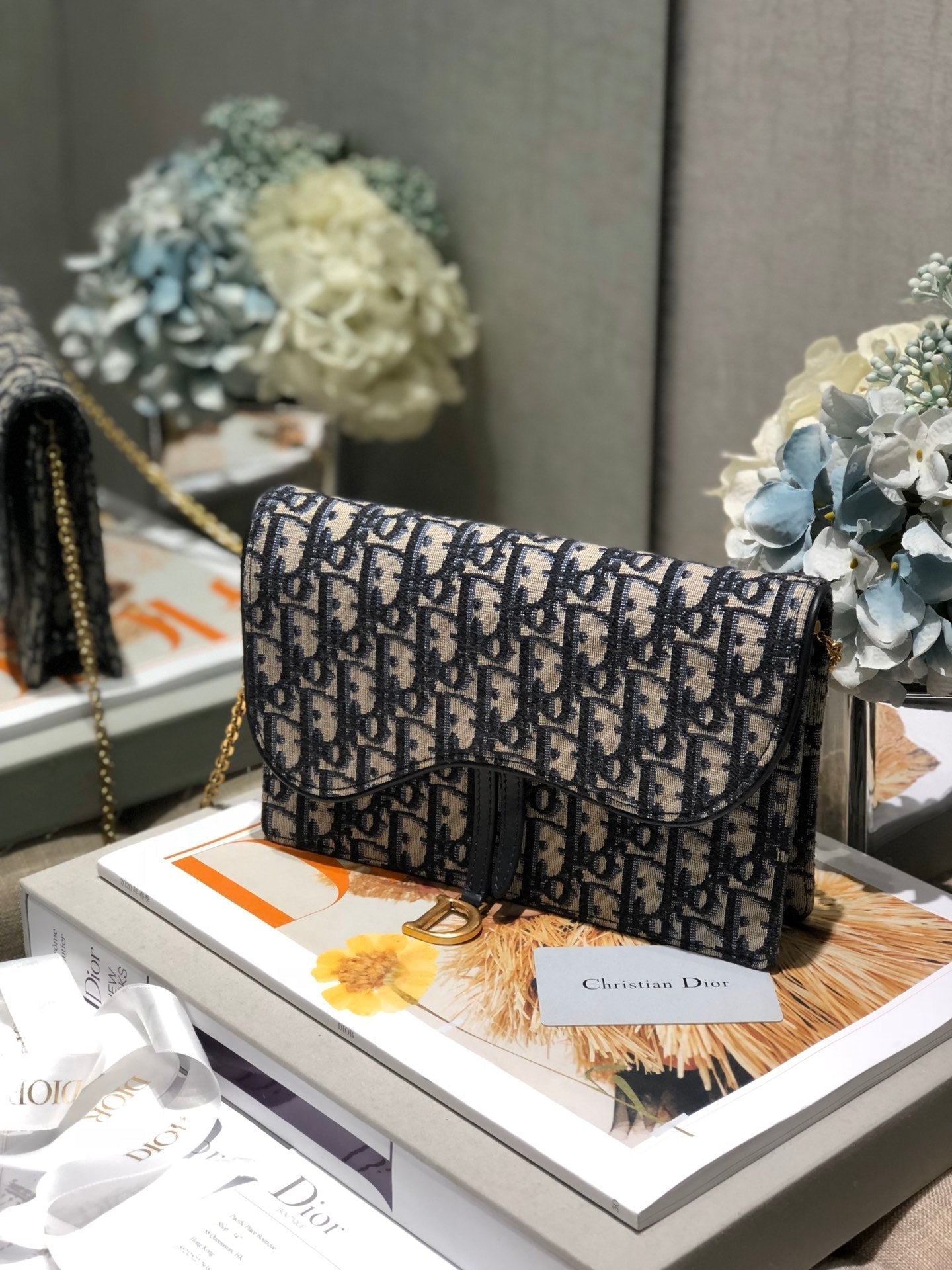 DIOR CD Saddle Pouch With Chain Blue Obique Embroidery