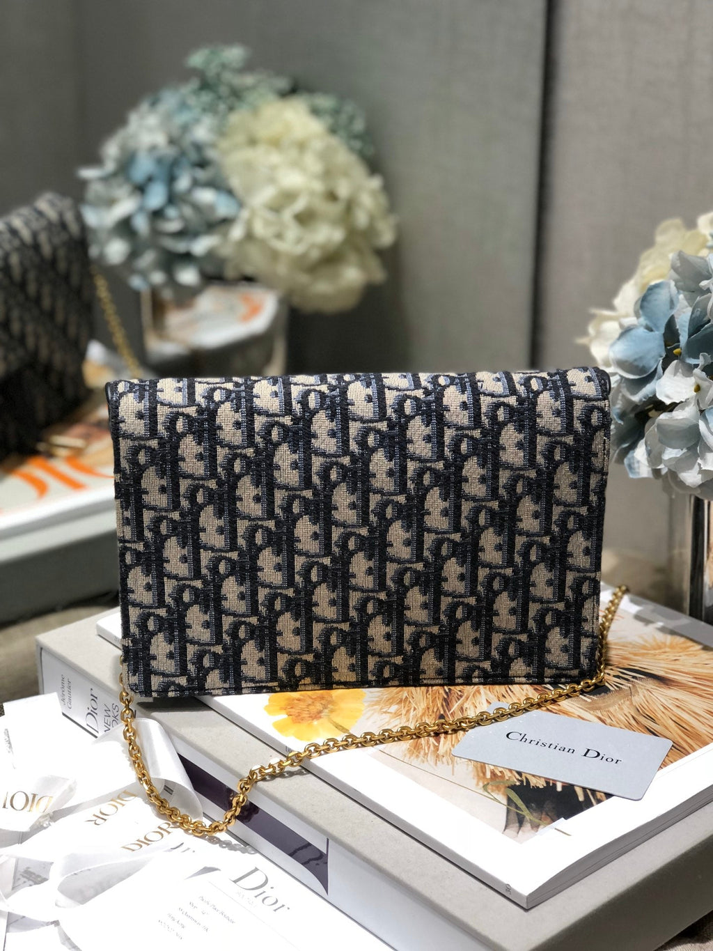 DIOR CD Saddle Pouch With Chain Blue Obique Embroidery