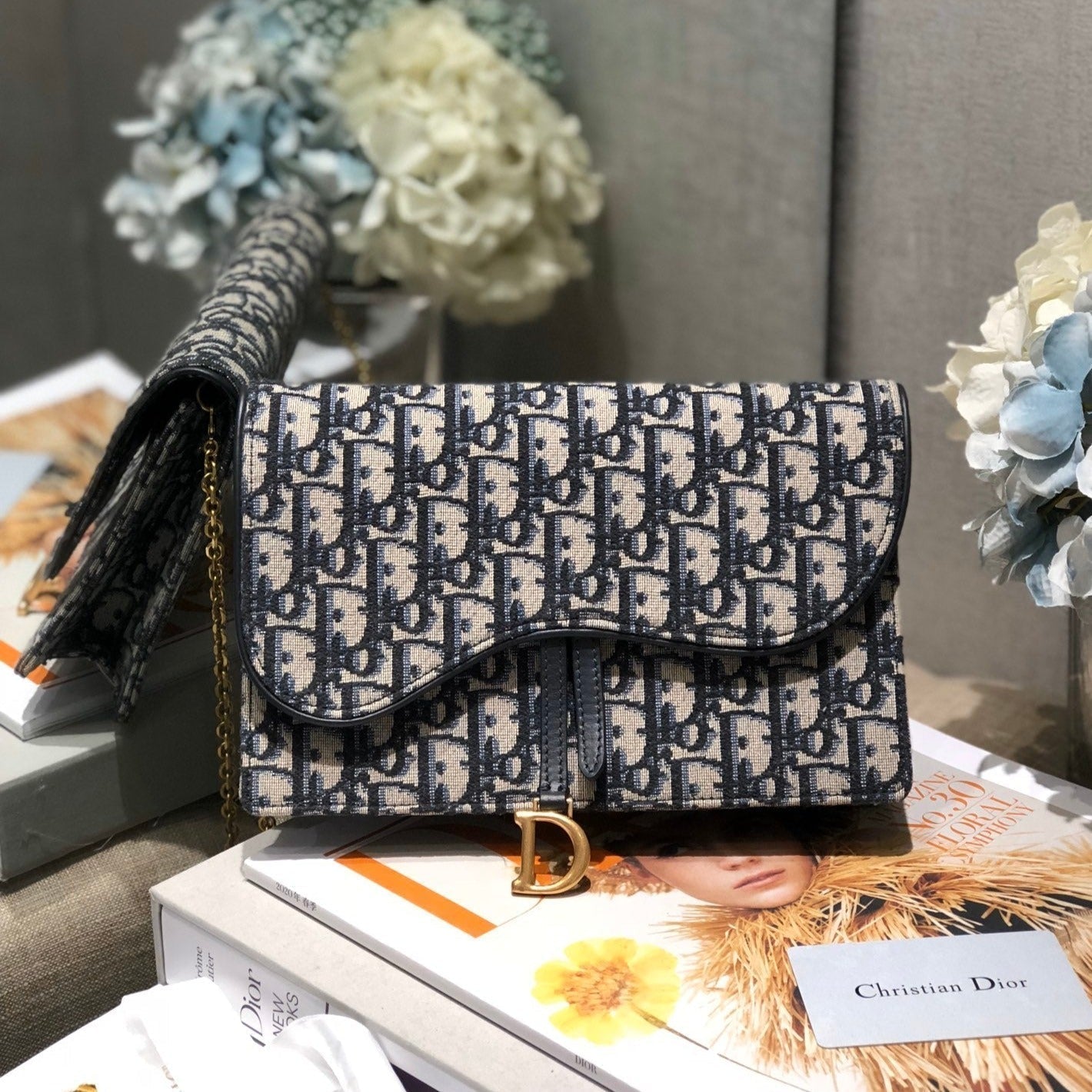 DIOR CD Saddle Pouch With Chain Blue Obique Embroidery