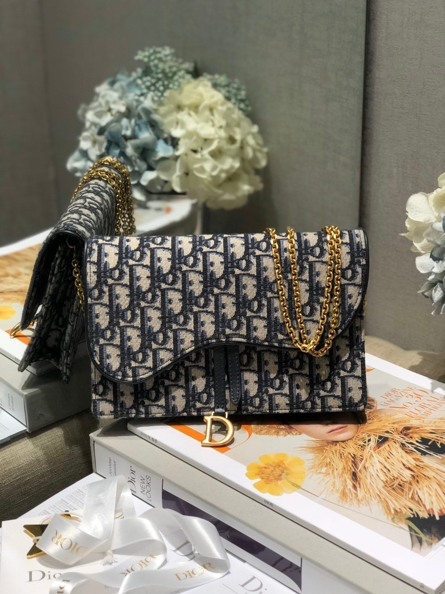 DIOR CD Saddle Pouch With Chain Blue Obique Embroidery