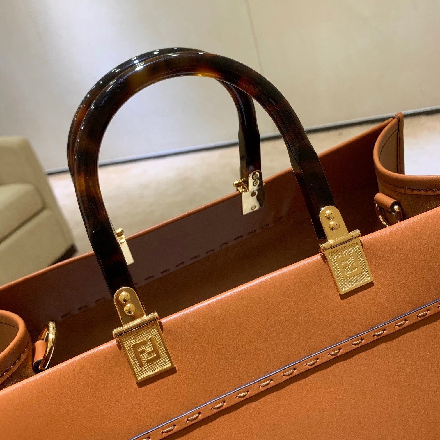 FENDI SHINE 40 TOTE BAG IN CARROT ORANGE EMBOSSED CALFSKIN