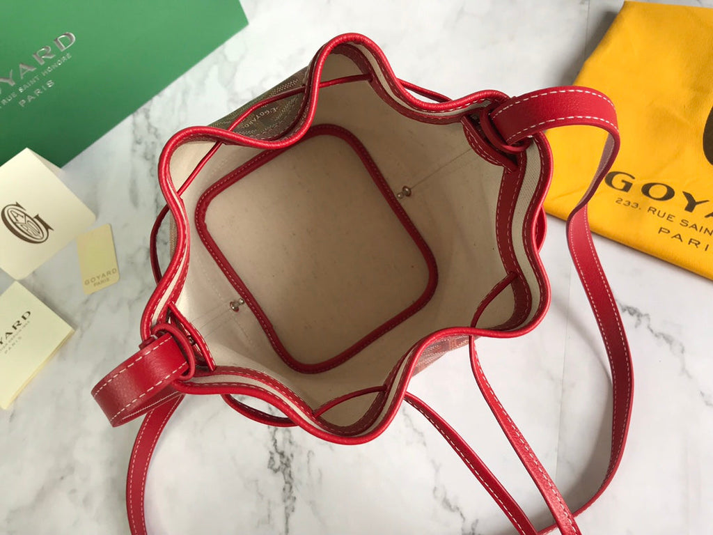 GOYARD PETIT FLOT BUCKET BAG 22 IN CLASSIC RED GOYARDINE CANVAS AND LAMBSKIN TRIM