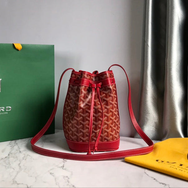 GOYARD PETIT FLOT BUCKET BAG 22 IN CLASSIC RED GOYARDINE CANVAS AND LAMBSKIN TRIM
