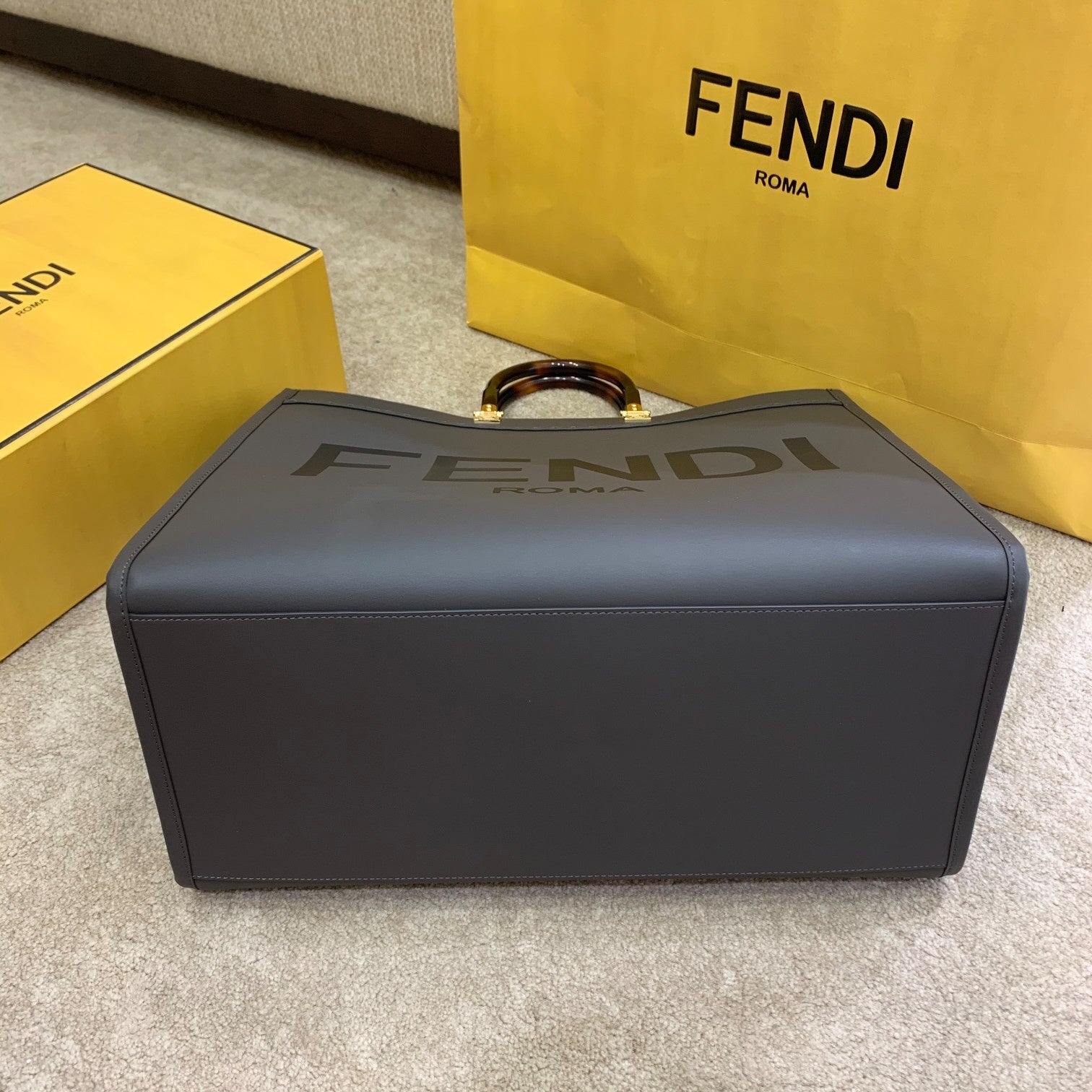 FENDI SHINE 40 TOTE BAG IN STONE GREEN EMBOSSED CALFSKIN