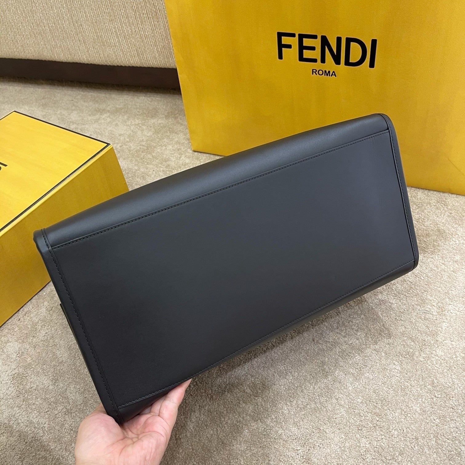 FENDI SHINE 40 TOTE BAG IN BLACK EMBOSSED CALFSKIN