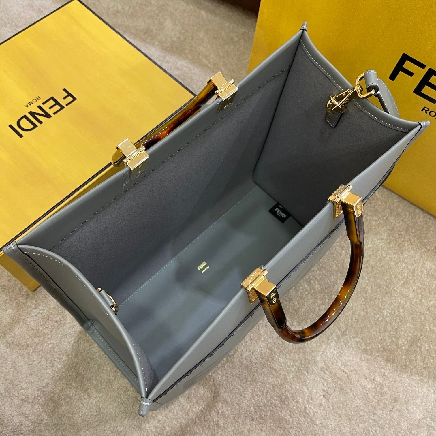 FENDI SHINE LARGE 35 TOTE IN SHADOW GREY CALFSKIN