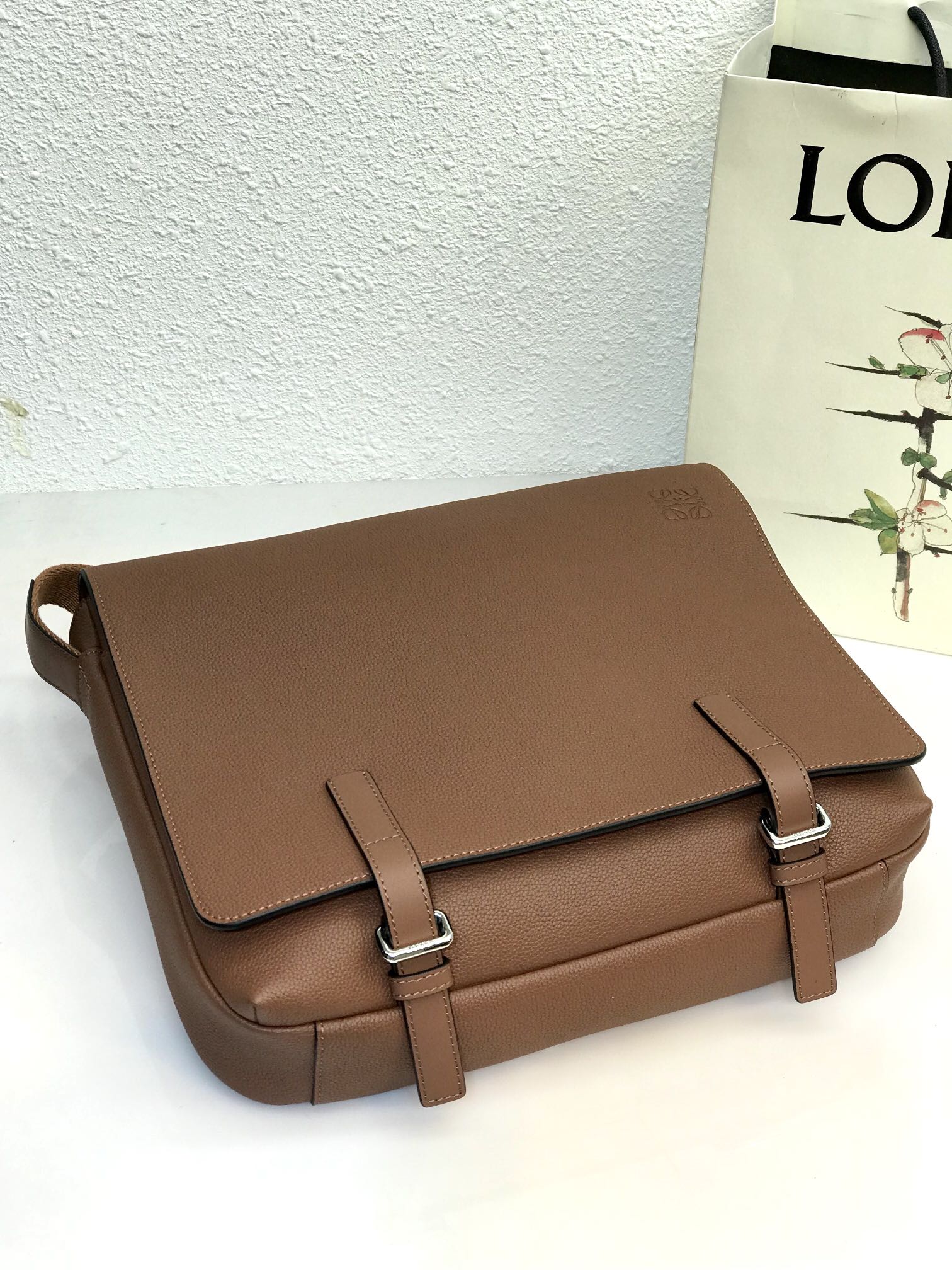 LOEWE LOE 33 XS MILITARY MESSENGER BAG IN WINTER BROWN CALFSKIN AND JACQUARD