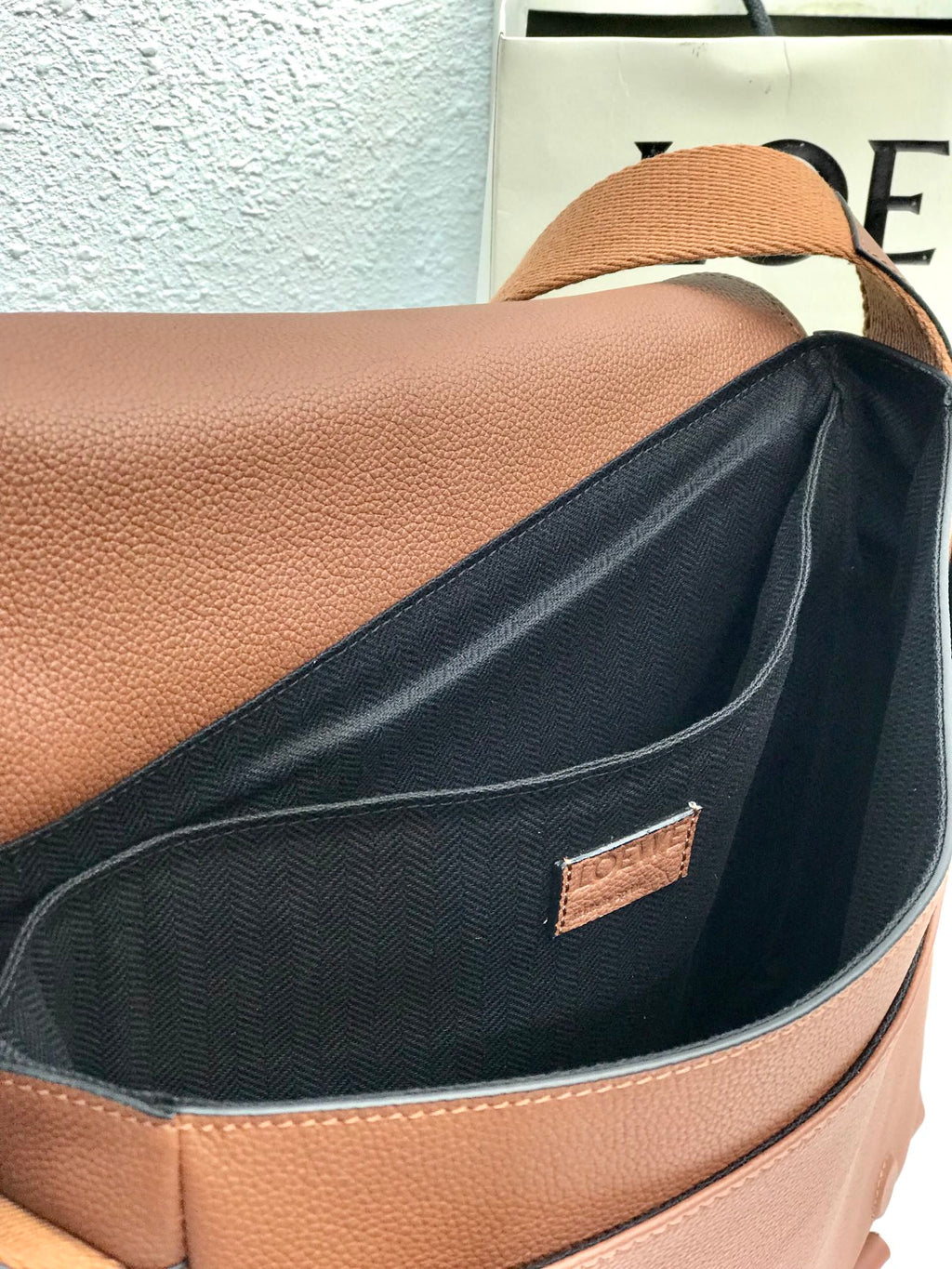 LOEWE LOE 33 XS MILITARY MESSENGER BAG IN WINTER BROWN CALFSKIN AND JACQUARD
