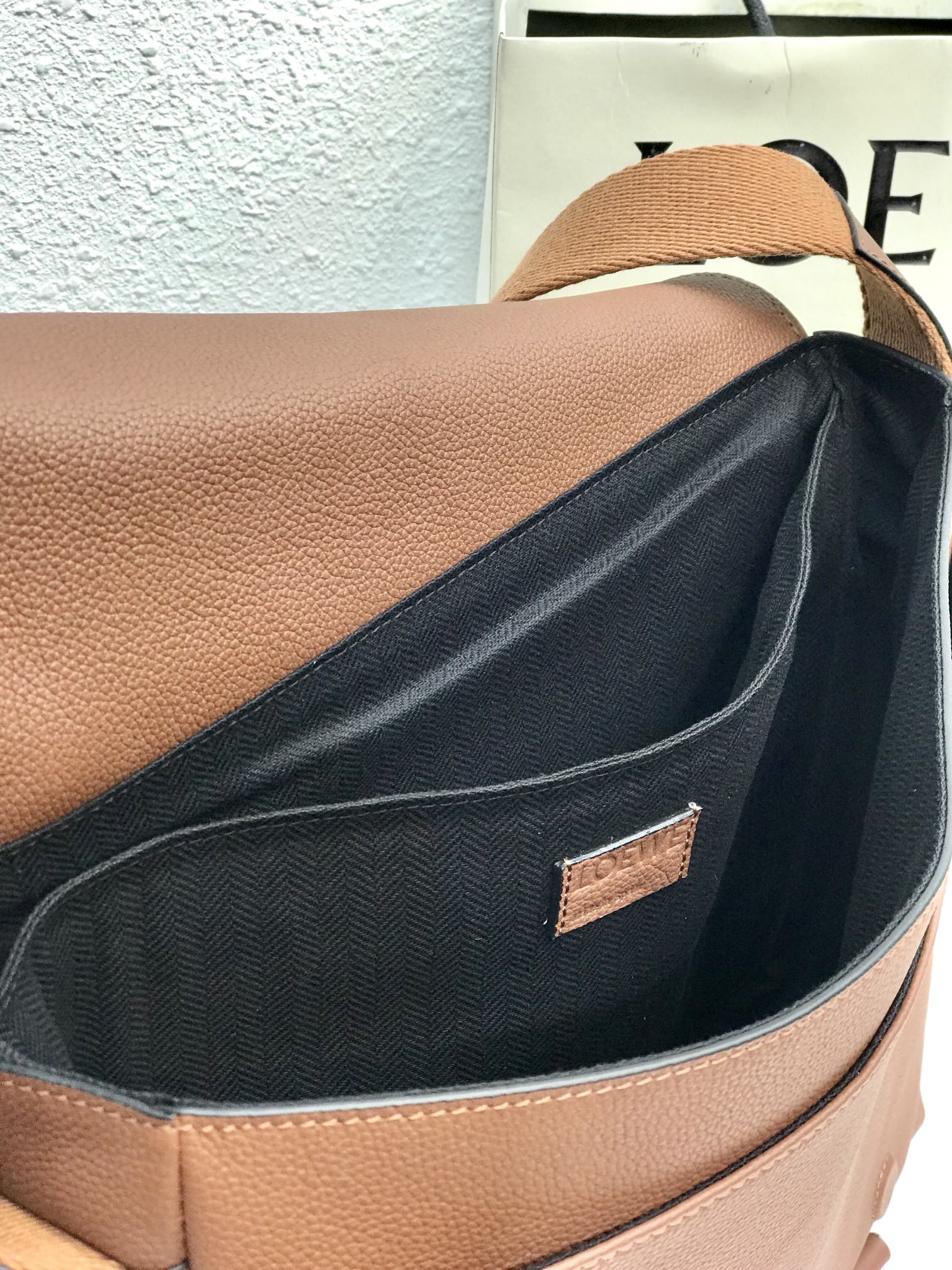 LOEWE LOE 33 XS MILITARY MESSENGER BAG IN WINTER BROWN CALFSKIN AND JACQUARD