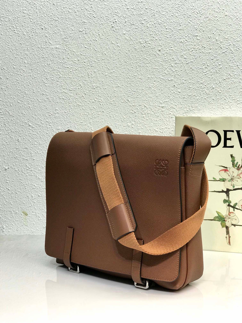 LOEWE LOE 33 XS MILITARY MESSENGER BAG IN WINTER BROWN CALFSKIN AND JACQUARD