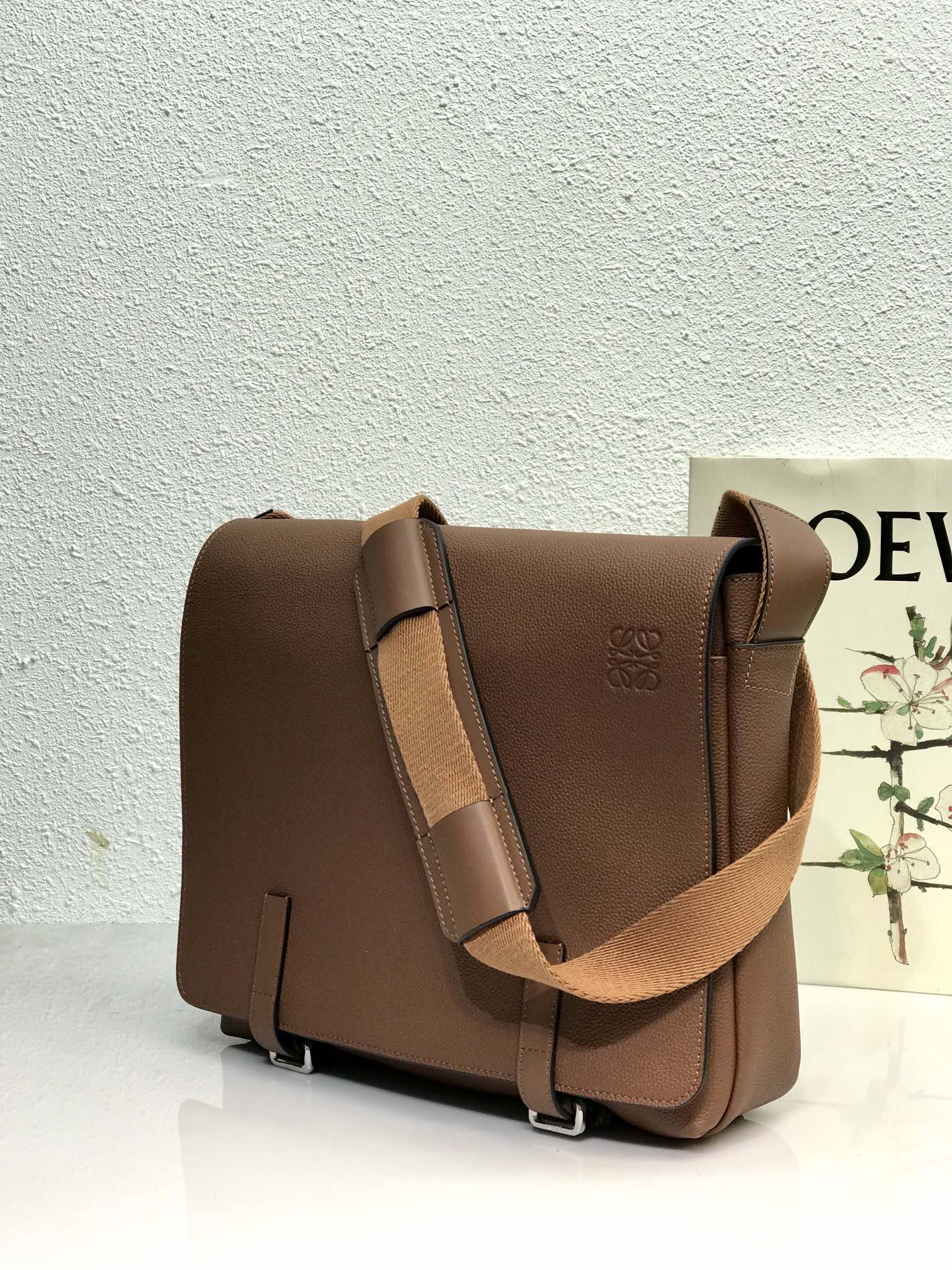 LOEWE LOE 33 XS MILITARY MESSENGER BAG IN WINTER BROWN CALFSKIN AND JACQUARD