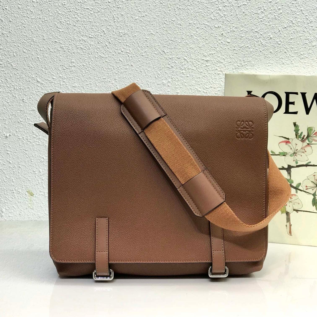 LOEWE LOE 33 XS MILITARY MESSENGER BAG IN WINTER BROWN CALFSKIN AND JACQUARD