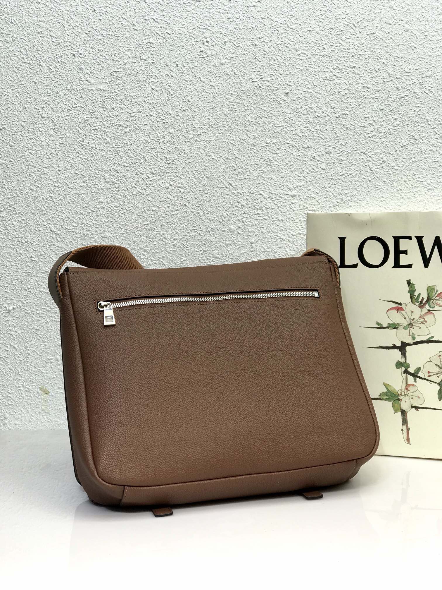 LOEWE LOE 33 XS MILITARY MESSENGER BAG IN WINTER BROWN CALFSKIN AND JACQUARD
