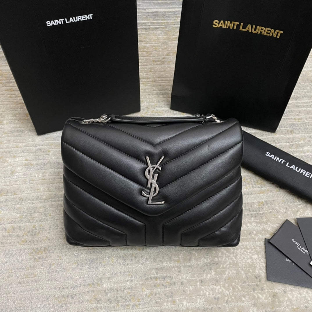 SAINT LAURENT LOULOU SMALL 25 IN BLACK LAMBSKIN SILVER HARDWARE
