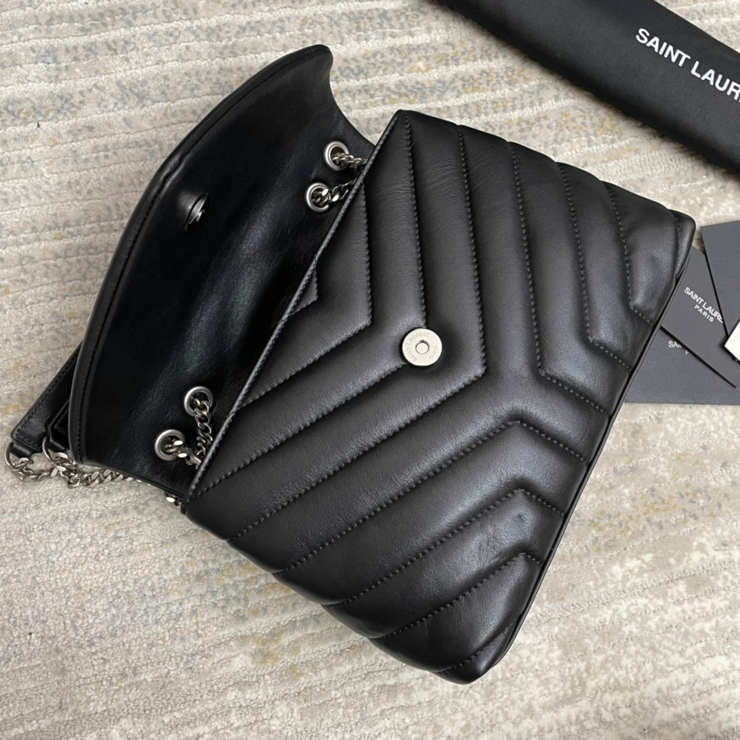 SAINT LAURENT LOULOU SMALL 25 IN BLACK LAMBSKIN SILVER HARDWARE