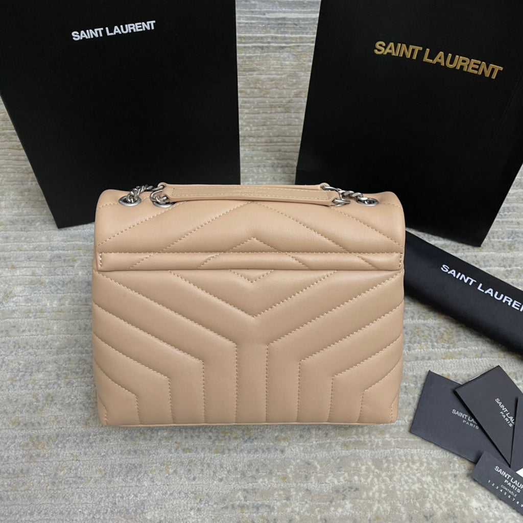 SAINT LAURENT LOULOU SMALL 25 IN BEIGE LAMBSKIN SILVER HARDWARE