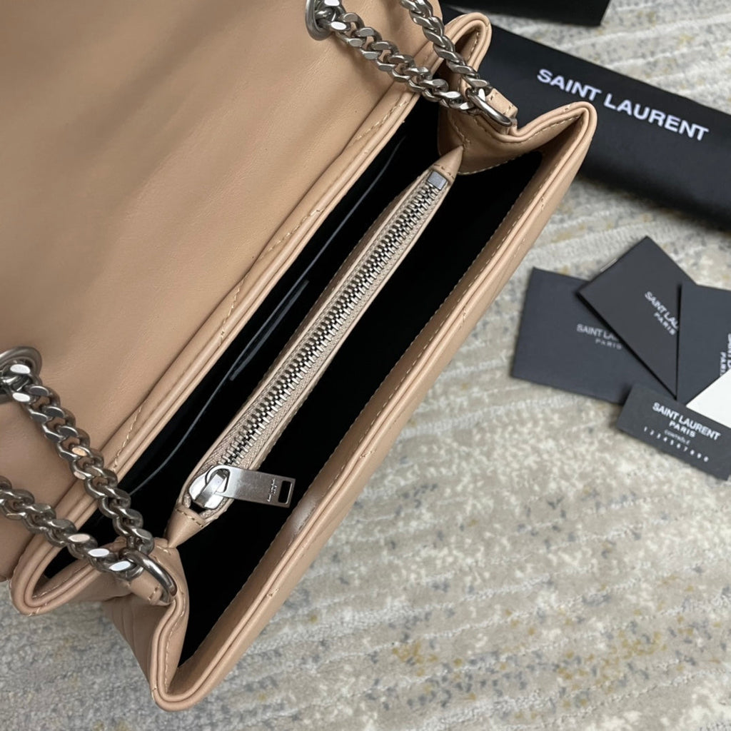 SAINT LAURENT LOULOU SMALL 25 IN BEIGE LAMBSKIN SILVER HARDWARE