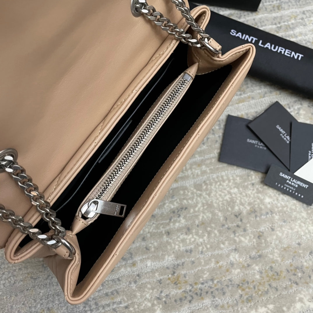 SAINT LAURENT LOULOU SMALL 25 IN BEIGE LAMBSKIN SILVER HARDWARE