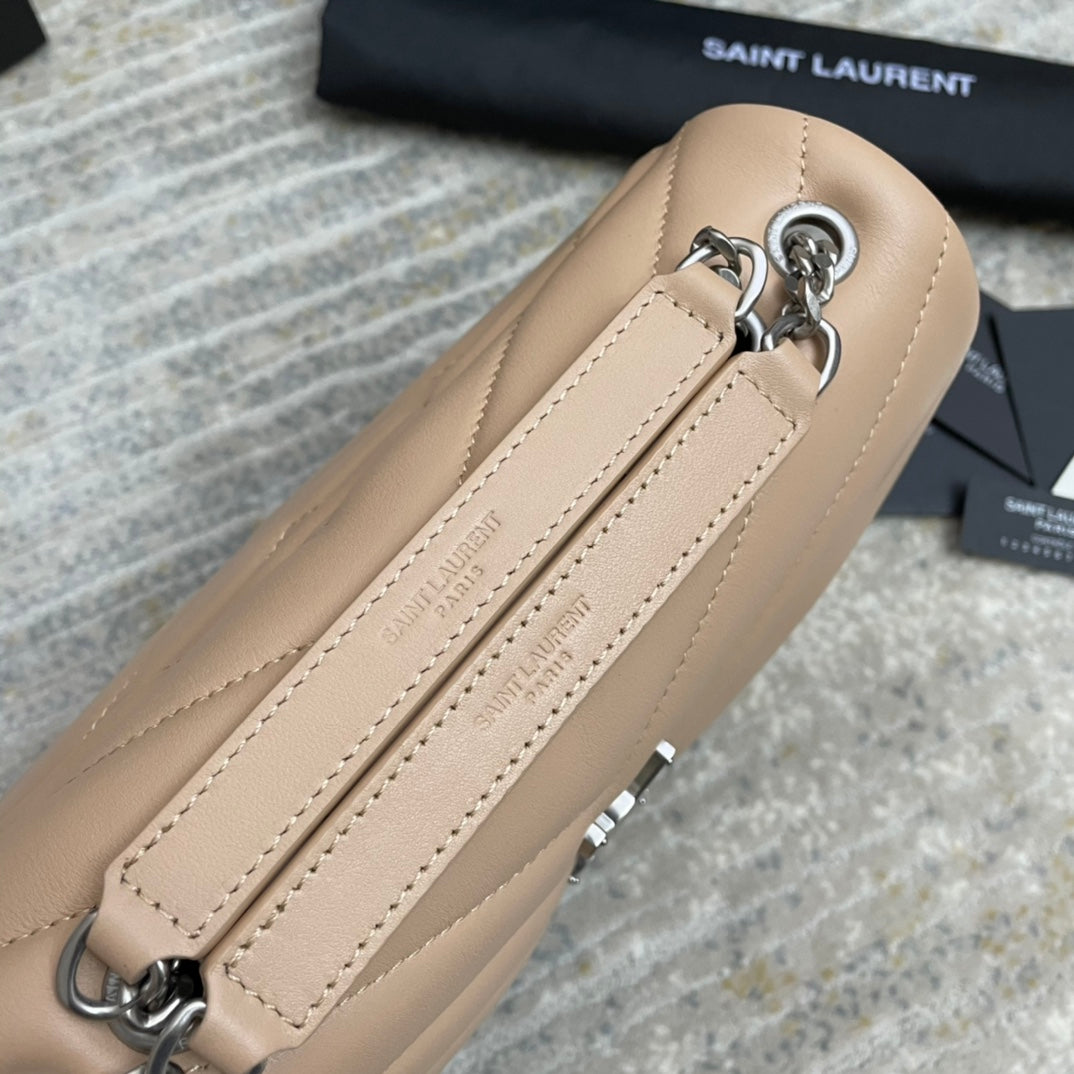 SAINT LAURENT LOULOU SMALL 25 IN BEIGE LAMBSKIN SILVER HARDWARE