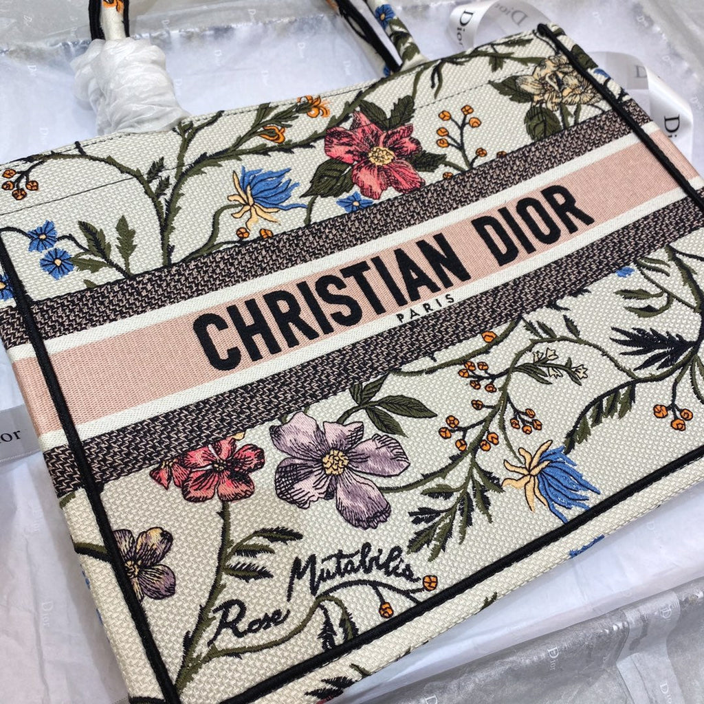 DIOR MEDIUM BOOK TOTE BAG 36 IN BEIGE COTTON WITH MULTICOLOR EMBROIDERY