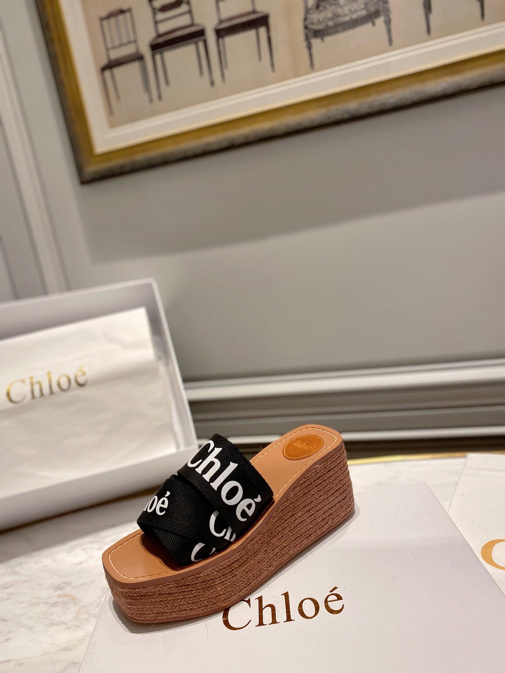WOODY WEDGE IN BLACK DENIM WITH WHITE LOGO