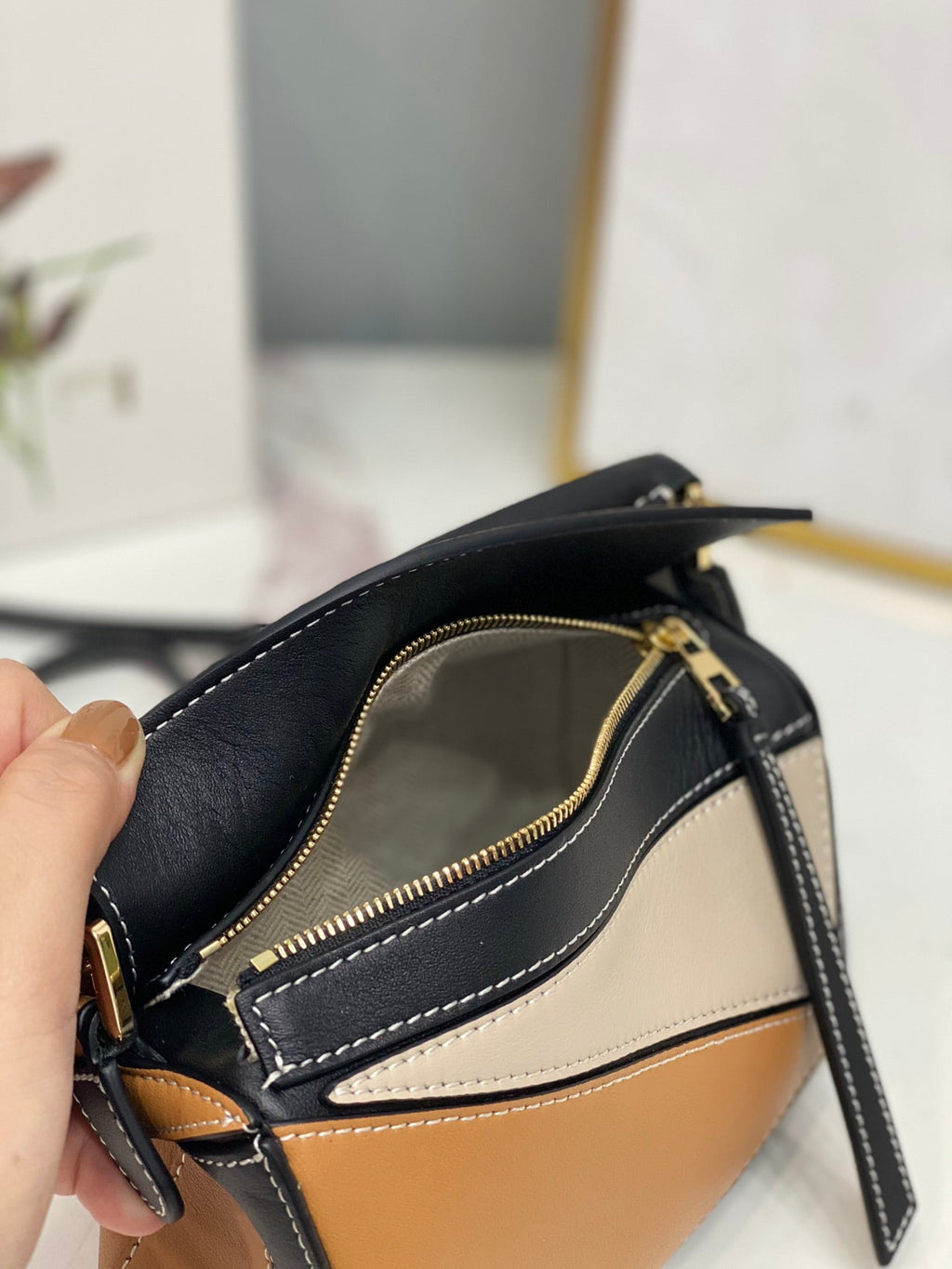 LOEWE LOE MINI 18 PUZZLE BAG IN BROWN MIX BEIGE AND BLACK CALFSKIN