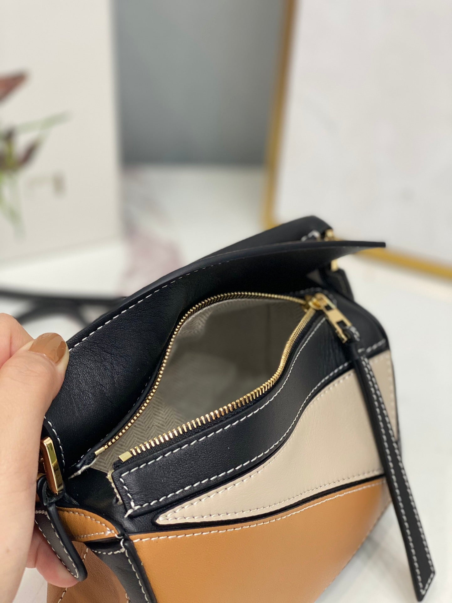 LOEWE LOE MINI 18 PUZZLE BAG IN BROWN MIX BEIGE AND BLACK CALFSKIN