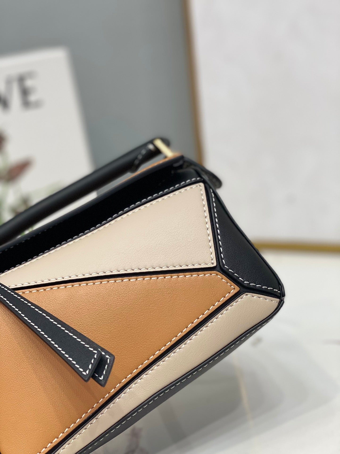 LOEWE LOE MINI 18 PUZZLE BAG IN BROWN MIX BEIGE AND BLACK CALFSKIN