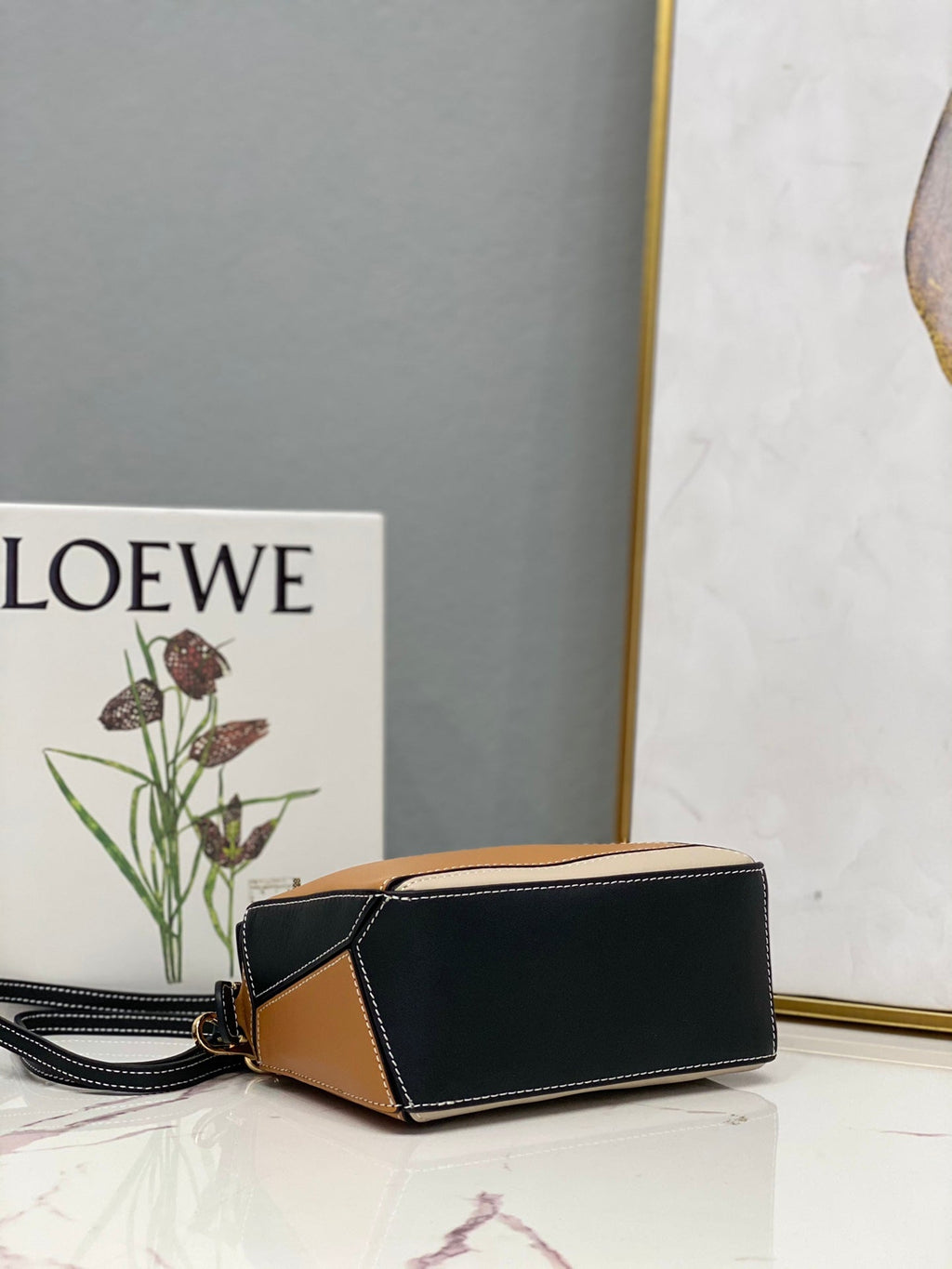 LOEWE LOE MINI 18 PUZZLE BAG IN BROWN MIX BEIGE AND BLACK CALFSKIN