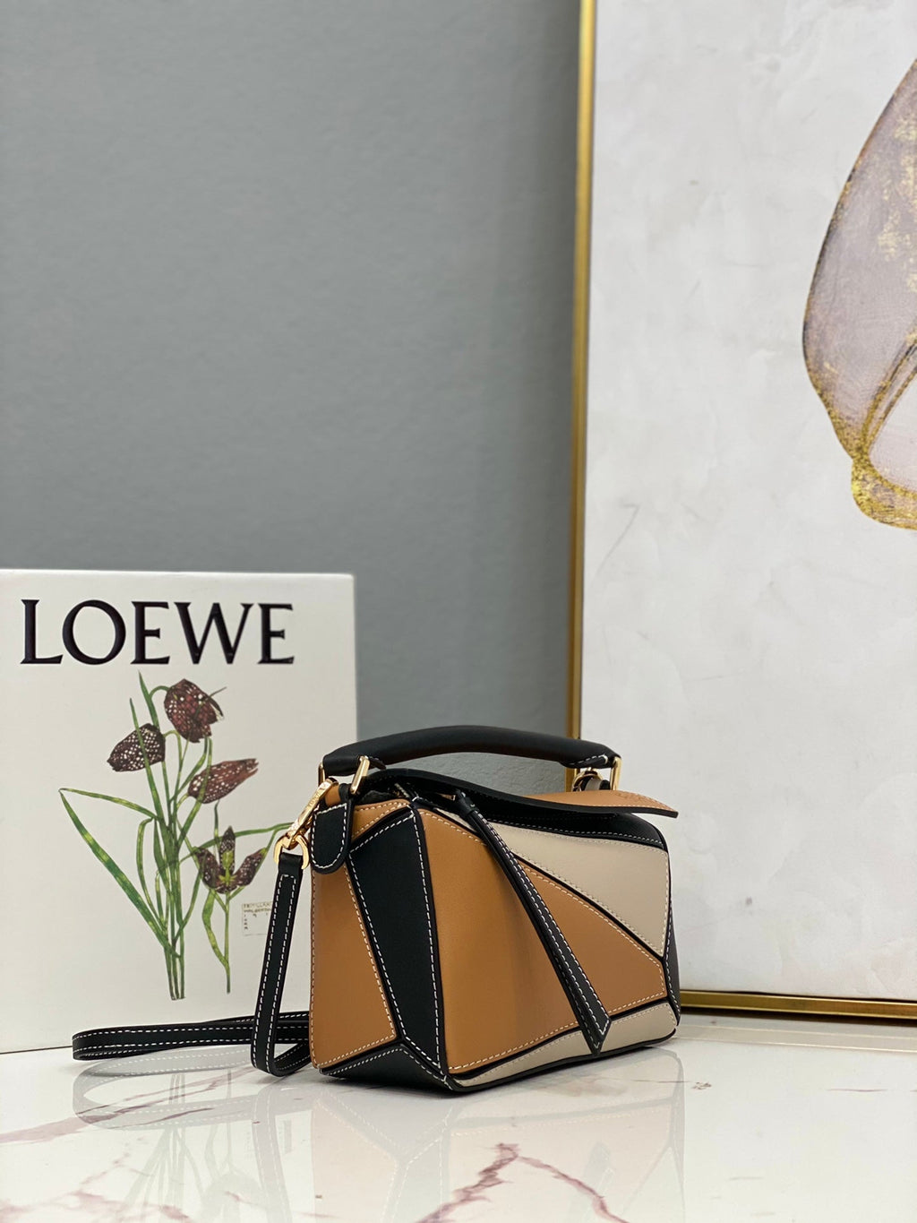 LOEWE LOE MINI 18 PUZZLE BAG IN BROWN MIX BEIGE AND BLACK CALFSKIN