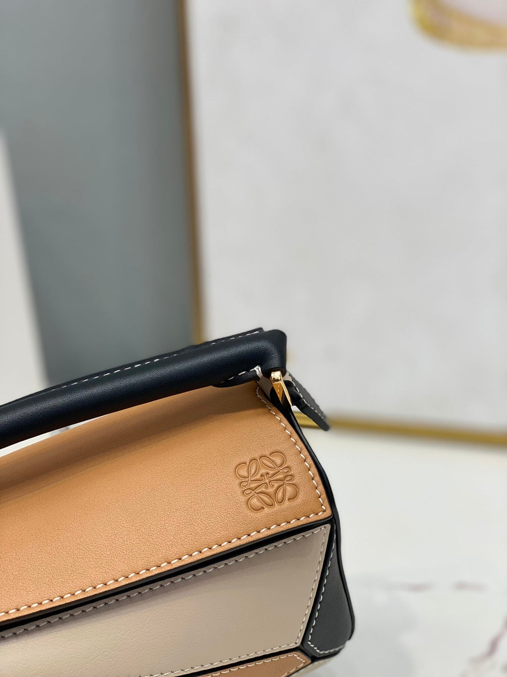 LOEWE LOE MINI 18 PUZZLE BAG IN BROWN MIX BEIGE AND BLACK CALFSKIN