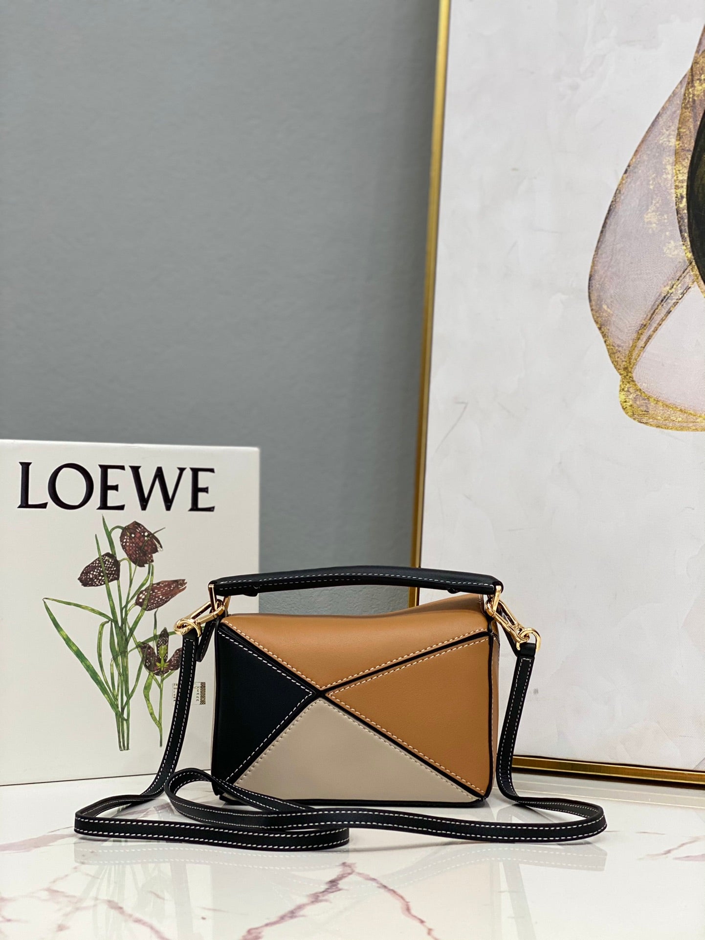 LOEWE LOE MINI 18 PUZZLE BAG IN BROWN MIX BEIGE AND BLACK CALFSKIN