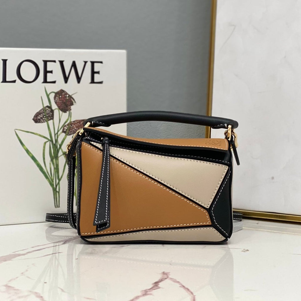 LOEWE LOE MINI 18 PUZZLE BAG IN BROWN MIX BEIGE AND BLACK CALFSKIN