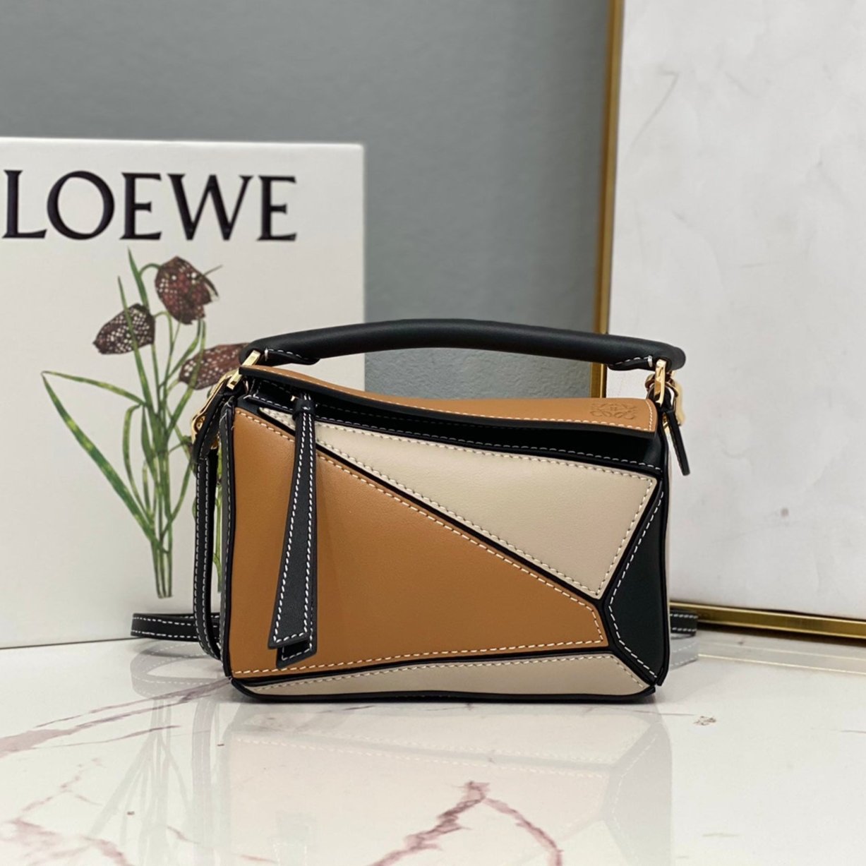 LOEWE LOE MINI 18 PUZZLE BAG IN BROWN MIX BEIGE AND BLACK CALFSKIN
