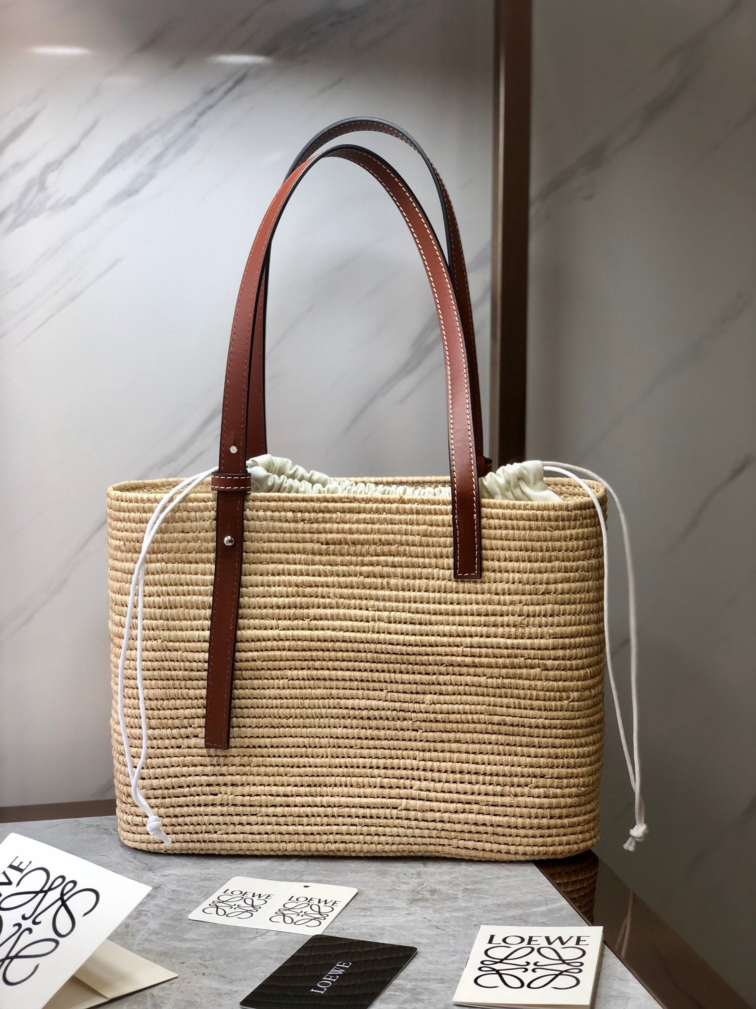 LOEWE LOE SQUARE BASKET BAG 28 IN NATURAL RAFFIA AND CHOCOLATE BROWN CALFSKIN