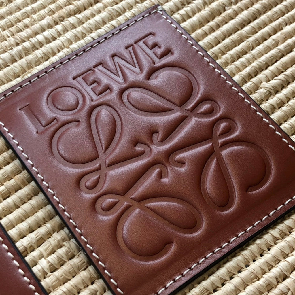 LOEWE LOE SQUARE BASKET BAG 28 IN NATURAL RAFFIA AND CHOCOLATE BROWN CALFSKIN